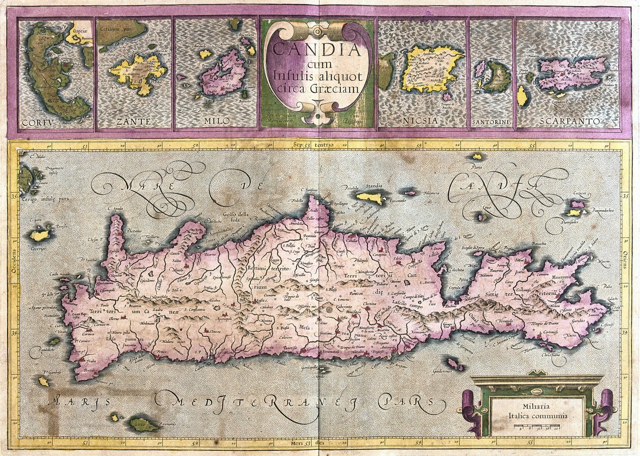 Kıbrıs ve Yunanistan Adaları (Korfu, Zante, Milo, Santorini, Karpathos) (gravür by Gerardus Mercator