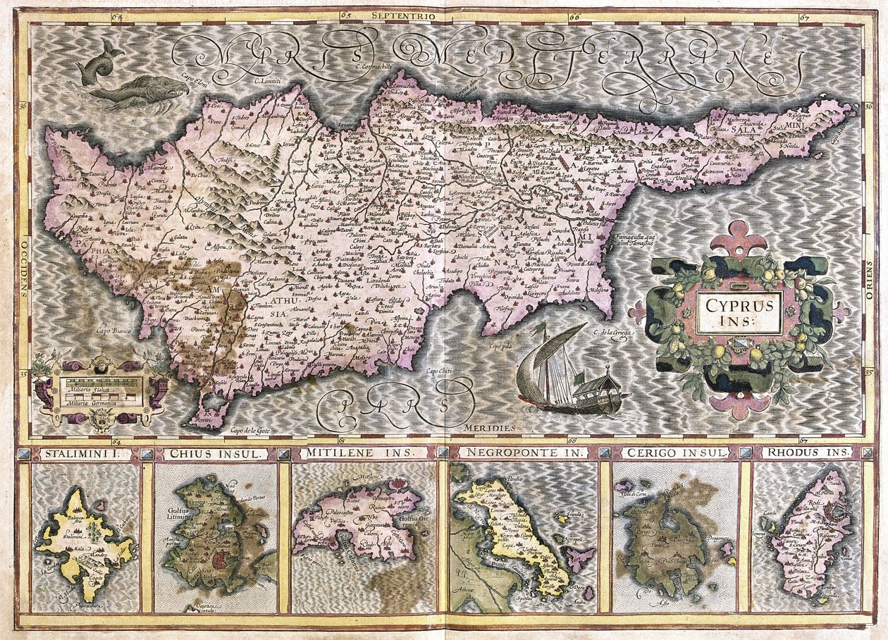 Kıbrıs ve Adalar Stalimini (Lemnos) Sakız Adası, Mitilene, Negroponte, Cerigo ve Rhodus (gravür by Gerardus Mercator