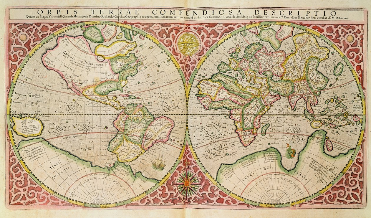 Çift Yarımküre Dünya Haritası, 1587 by Gerardus Mercator