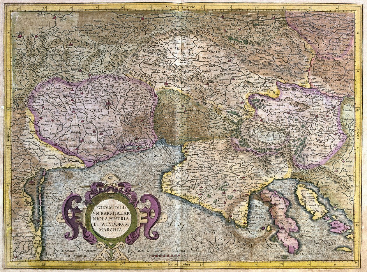 Friuli, İtalya - Slovenya (Istria) ile Trieste Körfezi ve Balkanlar (gravür by Gerardus Mercator