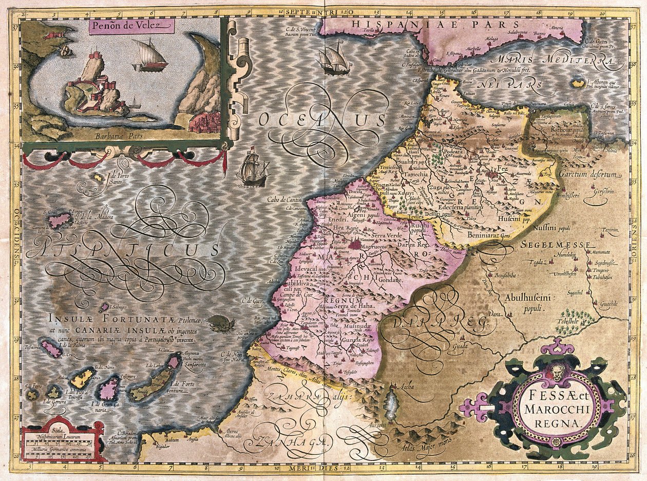 Kanarya Adaları ile Kuzeybatı Afrika (gravür by Gerardus Mercator