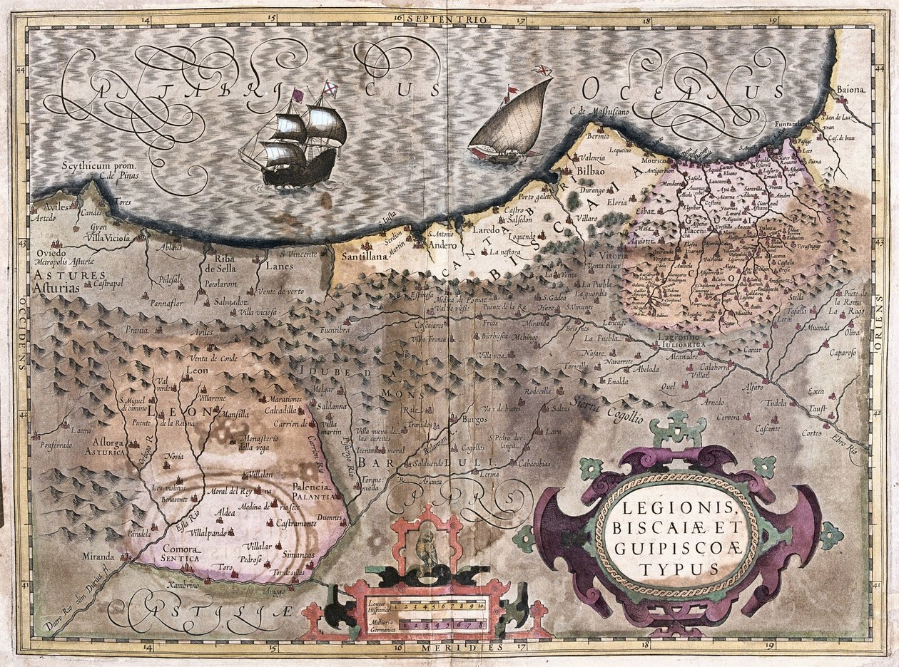 Oviedo, Burgos, Bilbao, Bayonne (Asturias), İspanya (gravür by Gerardus Mercator