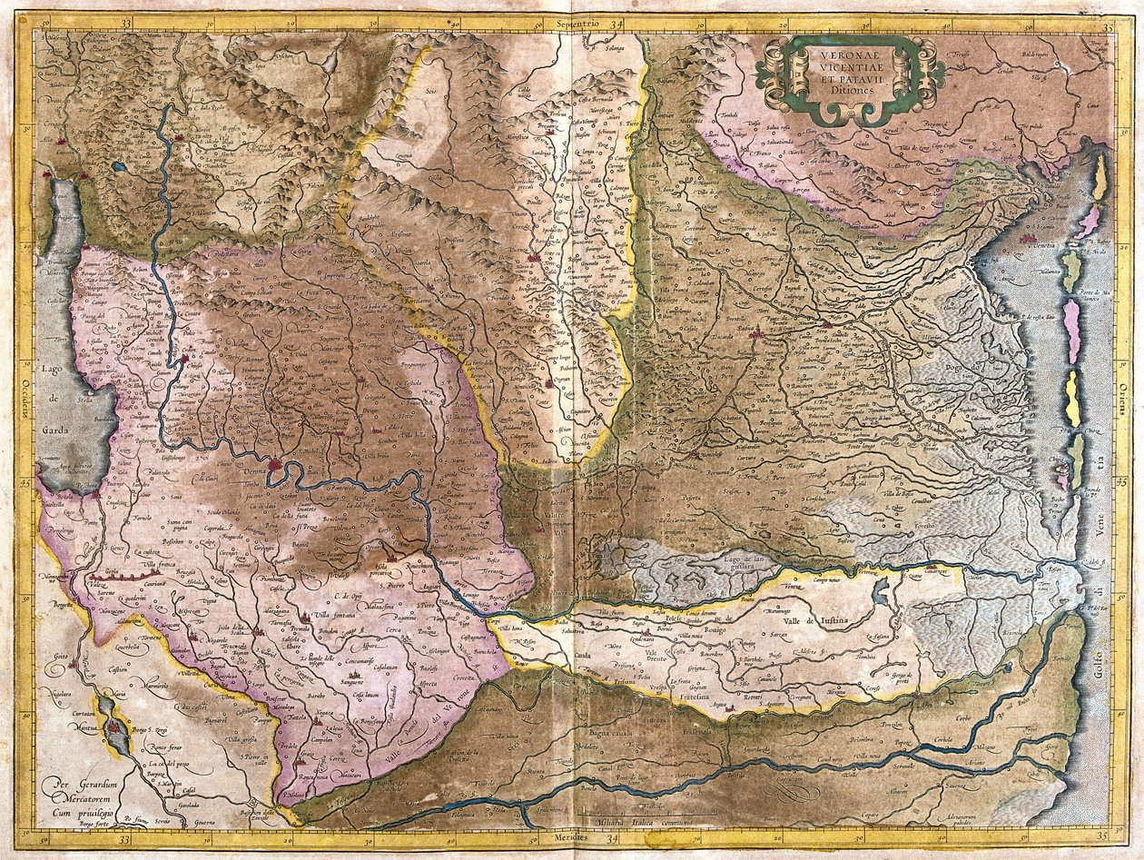 Verona, Vicenza ve Padua, İtalya (gravür by Gerardus Mercator