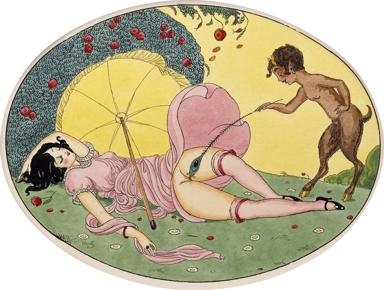 Bir Satyr ve Bir Genç Kız, c.1917 (oval bir kart üzerine siyah mürekkep ve suluboya, çerçeveli) by Gerda Marie Frederike Wegener