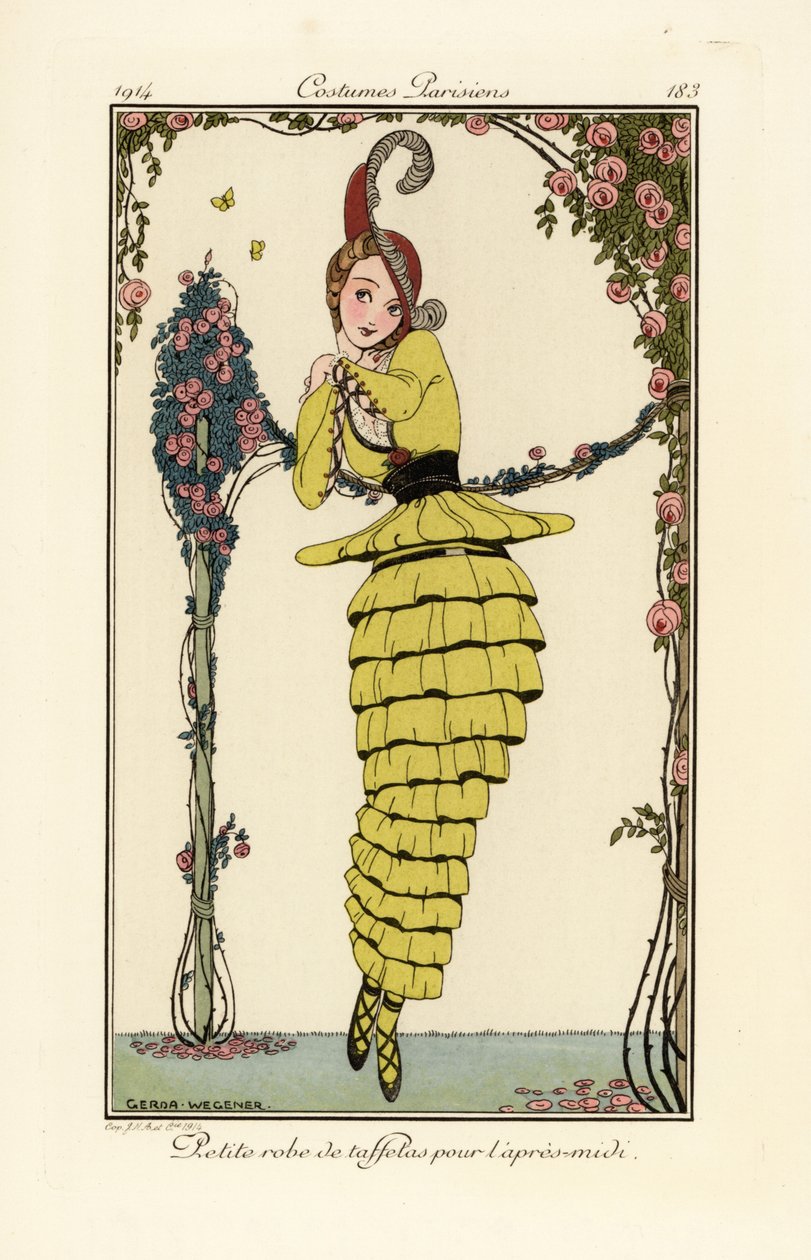 Sarı tafta ikindi elbiseli kadın. by Gerda Marie Frederike Wegener