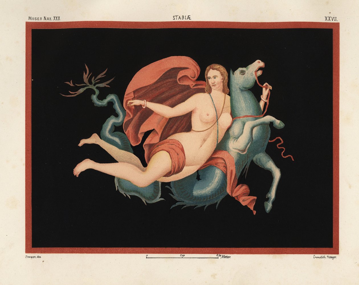 Manto ve bilezikler giymiş bir Nereid (deniz perisi), bir deniz canavarı veya hipokampus üzerinde, yarı at ve yarı balık üzerinde biniyor. Naz Müzesi. XXII, Stabiae. Victor Steeger tarafından Emile Presuhn (1844-1878) Pompeii'nin En Güzel Tablolarından by Geremia Discanno