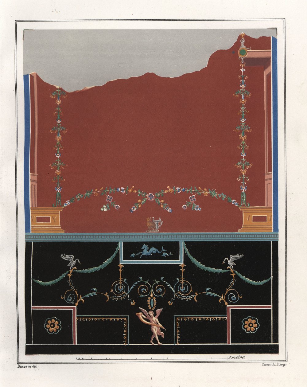 Tryptolemus Evi'ndeki bir atriyumdan duvar resmi. VI, İns. VII, No. 18. Emile Presuhn'dan (1844-1878) Geremia Discanno'nun çiziminden sonra Victor Steeger'in kromolitografisi (Pompeii'nin En Güzel Resimleri, Leipzig) by Geremia Discanno
