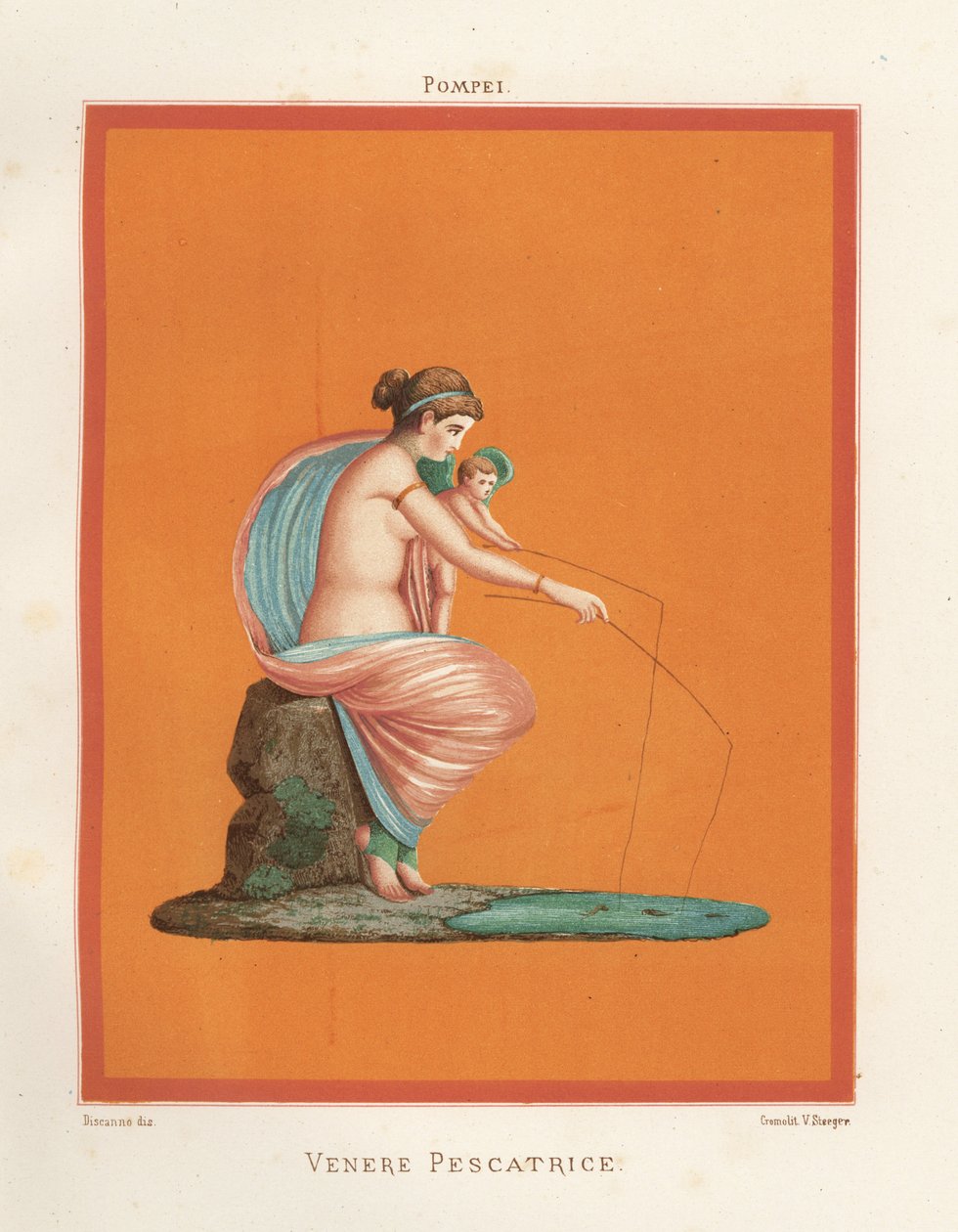 Venüs'ün resmi ve bir göletten oltalarla aşk tanrısı balıkçılığı. Gladyatörlerin Evi Regio VV3'te bulundu. Emile Presuhn'dan (1844-1878) Geremia Discanno'nun bir çiziminden sonra Victor Steeger'in kromolitografisi Pompeii'nin En Güz by Geremia Discanno