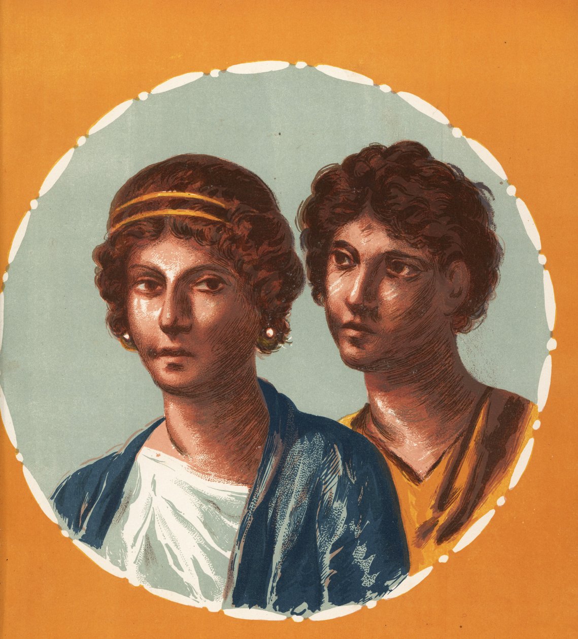 Pompeii'deki kimliği belirsiz bir evden bir erkek ve kadının portresi. Emile Presuhn'dan (1844-1878) Geremia Discanno'nun bir illüstrasyonundan sonra Victor Steeger'in kromolitografisi (Pompeii'nin En Güzel Resimleri, Leipzig) by Geremia Discanno