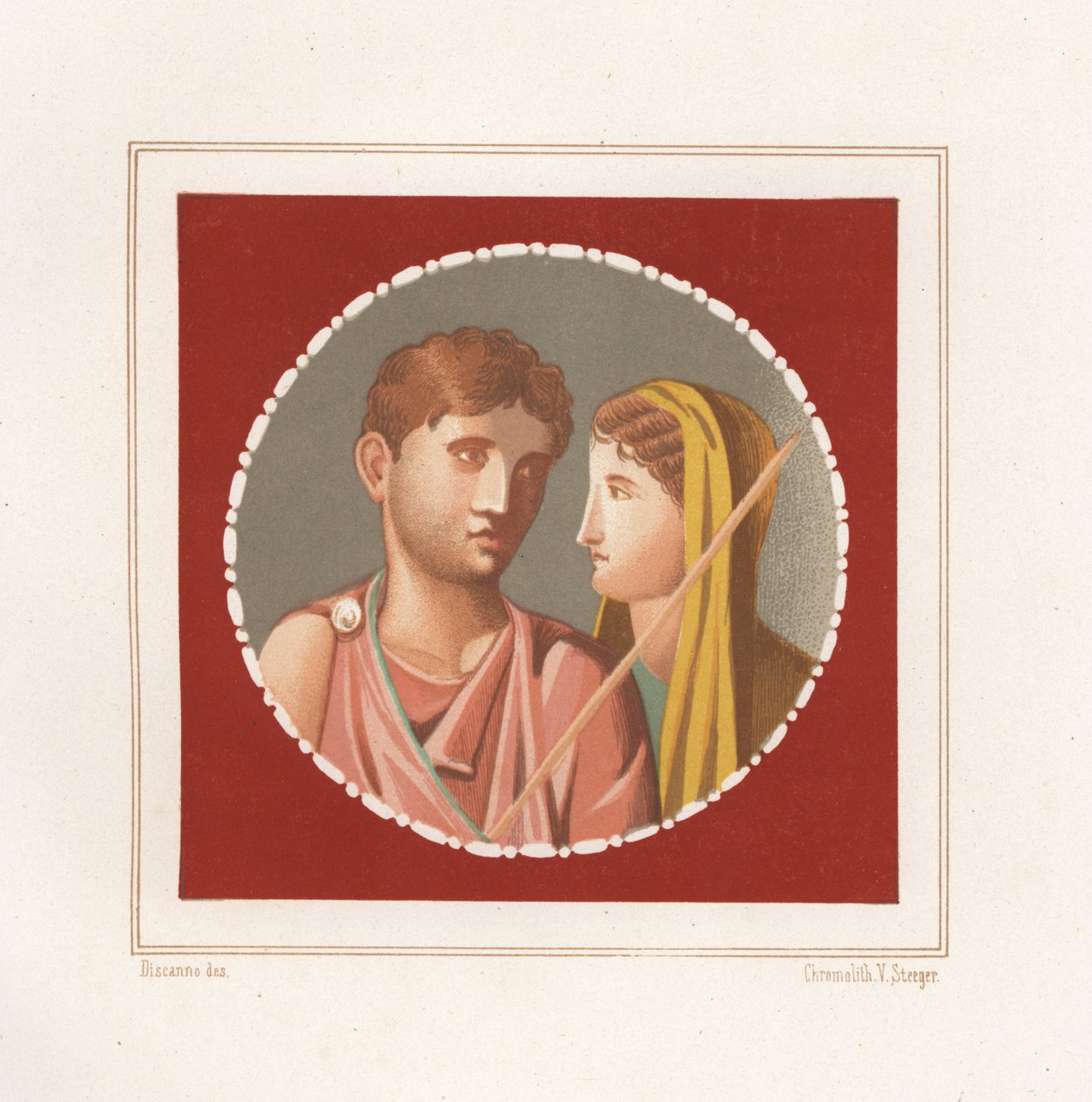 Pompeii'deki kimliği belirsiz bir evden bir erkek ve kadının portresi. Emile Presuhn'dan (1844-1878) Geremia Discanno'nun bir illüstrasyonundan sonra Victor Steeger'in kromolitografisi (Pompeii'nin En Güzel Resimleri, Leipzig) by Geremia Discanno