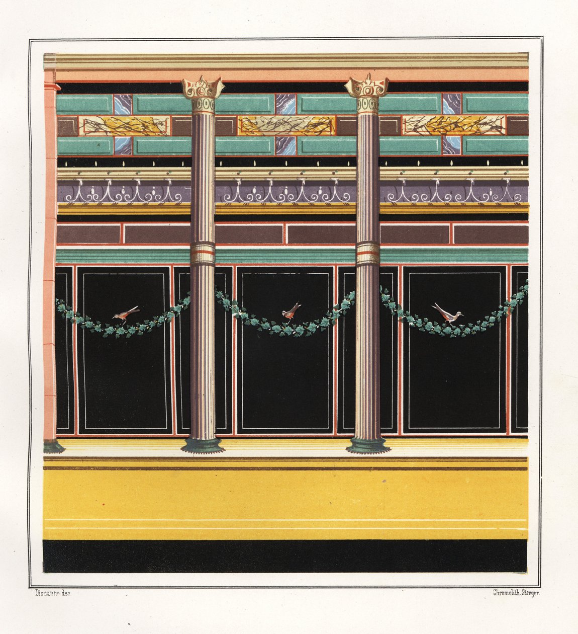 Epigramlar Evi'ndeki bir odadan duvar resmi. V, İnş. 1, No. 18. Emile Presuhn'dan (1844-1878) Geremia Discanno'nun bir çiziminden sonra Victor Steeger'in Chromolithograph'ı. Pompeii'nin En Güzel Tabloları, Leipzig by Geremia Discanno