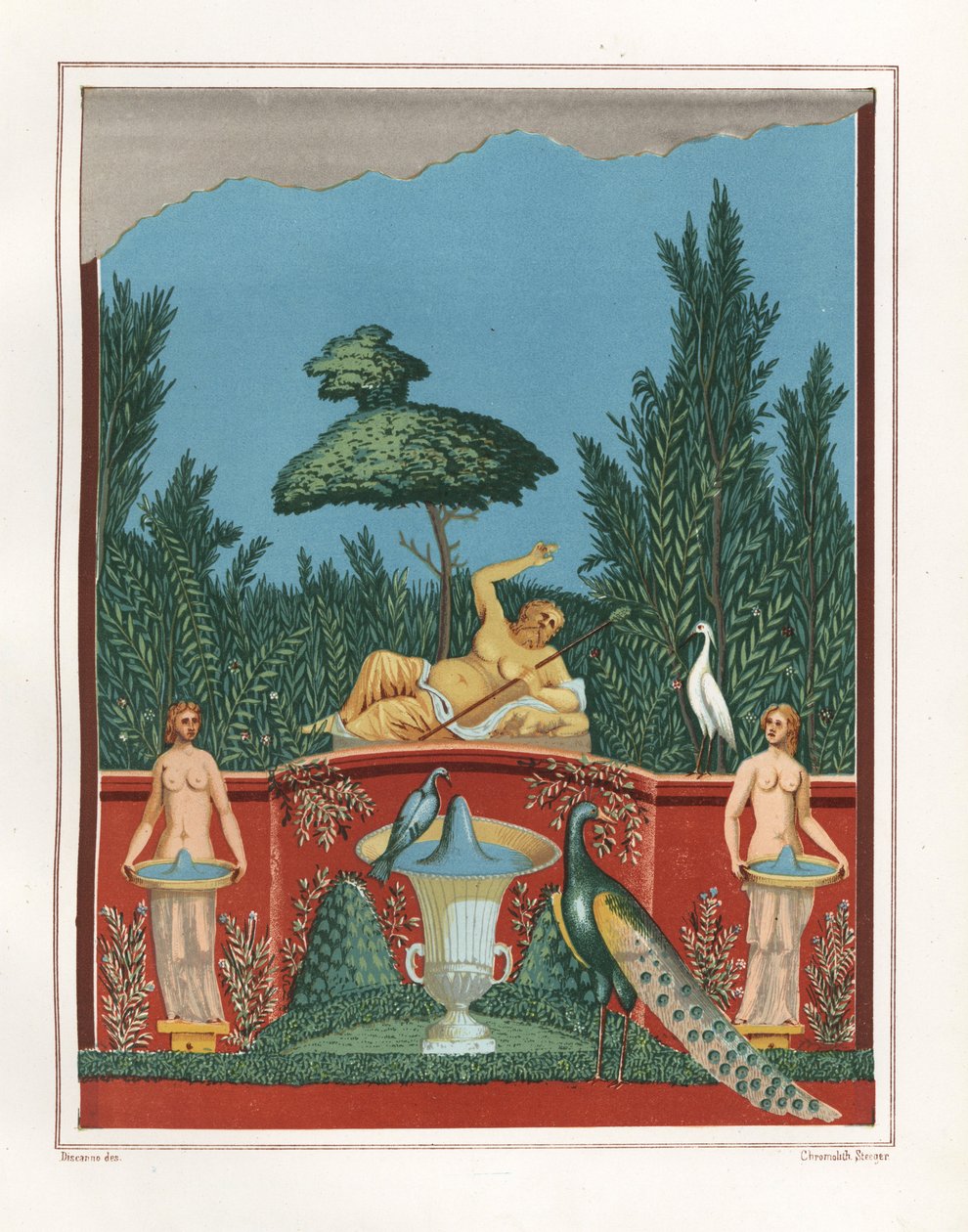 Bacchus'un Romulus ve Remus Evi'ndeki bir bahçe duvarından tavus kuşları ve çeşmelerle duvar resmi, VII.VII.10. Emile Presuhn'dan (1844-1878) Geremia Discanno'nun bir çiziminden sonra Victor Steeger'in kromolitografisi En Güzel Tablolar by Geremia Discanno