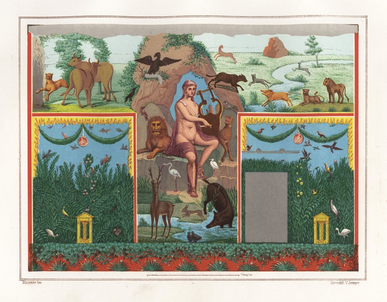 Vesonius Primus Evi'nin viridariumundan (bahçesinden) lirli Orpheus'un duvar resmi, daha dolgun. Aslan, puma, yaban domuzu, geyik, tavşan ve mavi flamingo gibi hayvanlarla çevrilidir. Bir illüstrasyondan sonra Victor Steeger'in kromolitografisi by Geremia Discanno