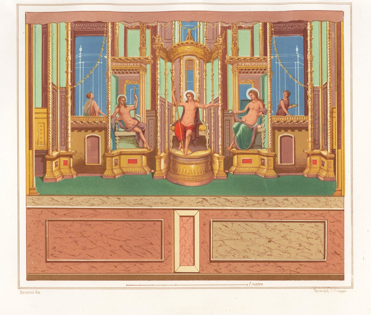 Domus M. Herenulli Communis veya Apollo Evi, Reg.'deki bir bahçenin köşesindeki tenha bir oturma alanından Bacchus, Venüs ve Apollon'u gösteren duvar resmi. VI, İns. VII, No. 23. Geremia Discan'ın çiziminden sonra Victor Steeger'in kromolit by Geremia Discanno