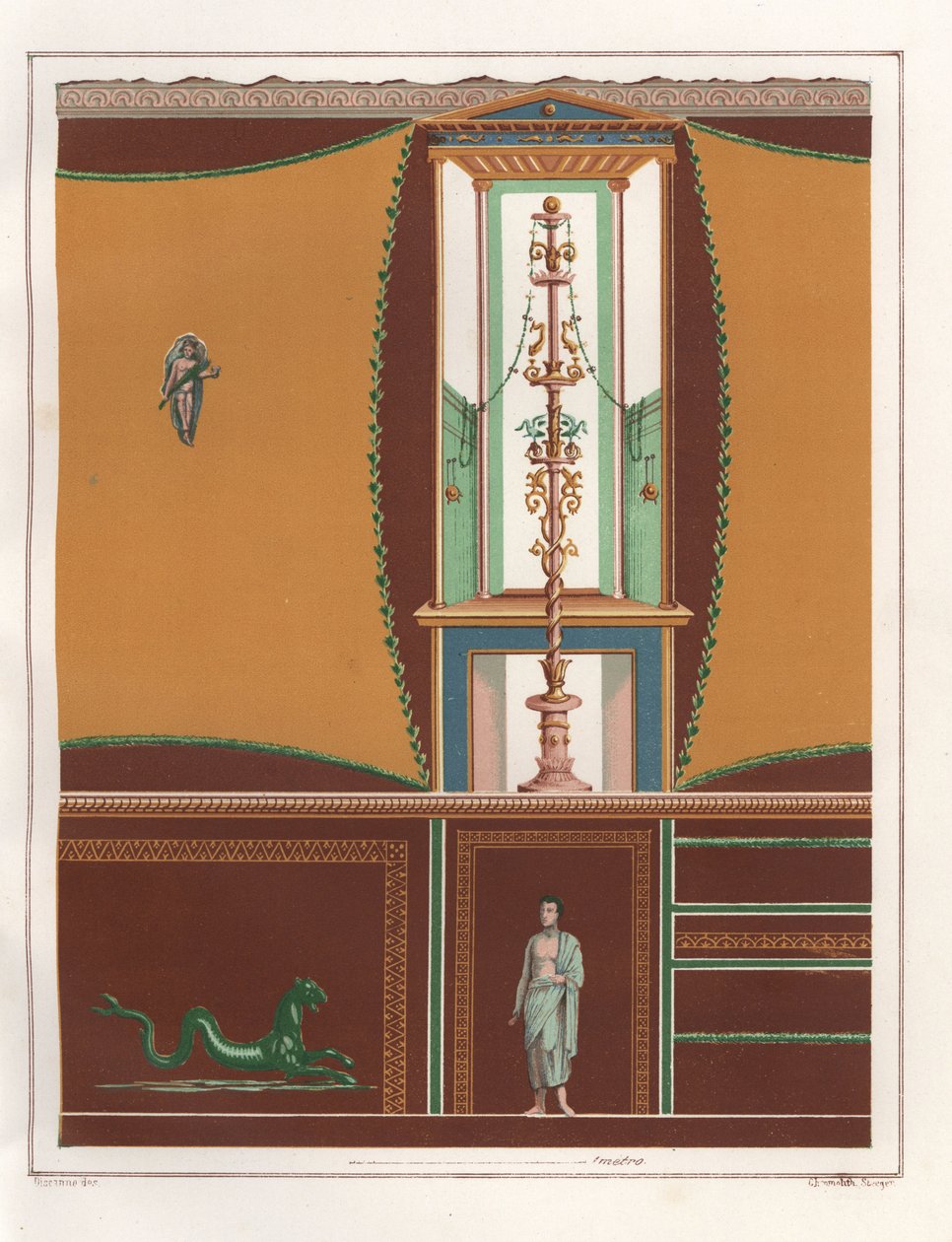 Casa dell'Orso Ferito veya Ayı Evi, Reg.'deki bir ostiumdan (dar koridor) çerçeveli panellerle duvar resmi. VII, İns. II, No. 45. Emile Presuhn'dan (1844-1878) Geremia Discanno'nun çiziminden sonra Victor Steeger'in kromolitografisi. by Geremia Discanno
