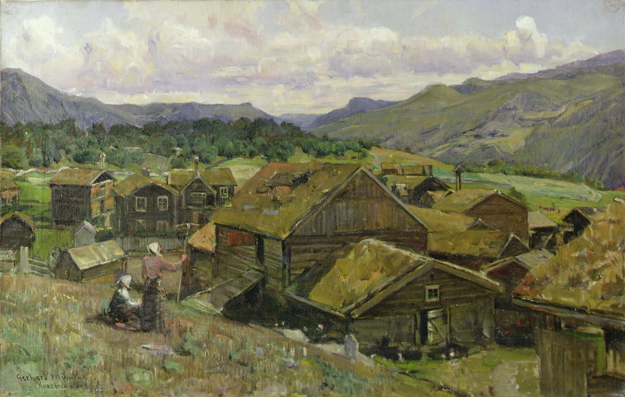 İki Kadınlı Bir Norveç Köyü (tuval üzerine yağlı boya) by Gerhard Peter Frantz Vilhelm Munthe
