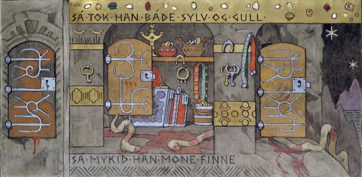 Asmund Eve Gümüş ve Altın getiriyor - Munthe, Gerhard (1849-1929) - 1902-1904 - Tuval üzerine yağlı boya - 62x122 - Ulusal Sanat Müzesi, Oslo by Gerhard Peter Frantz Vilhelm Munthe