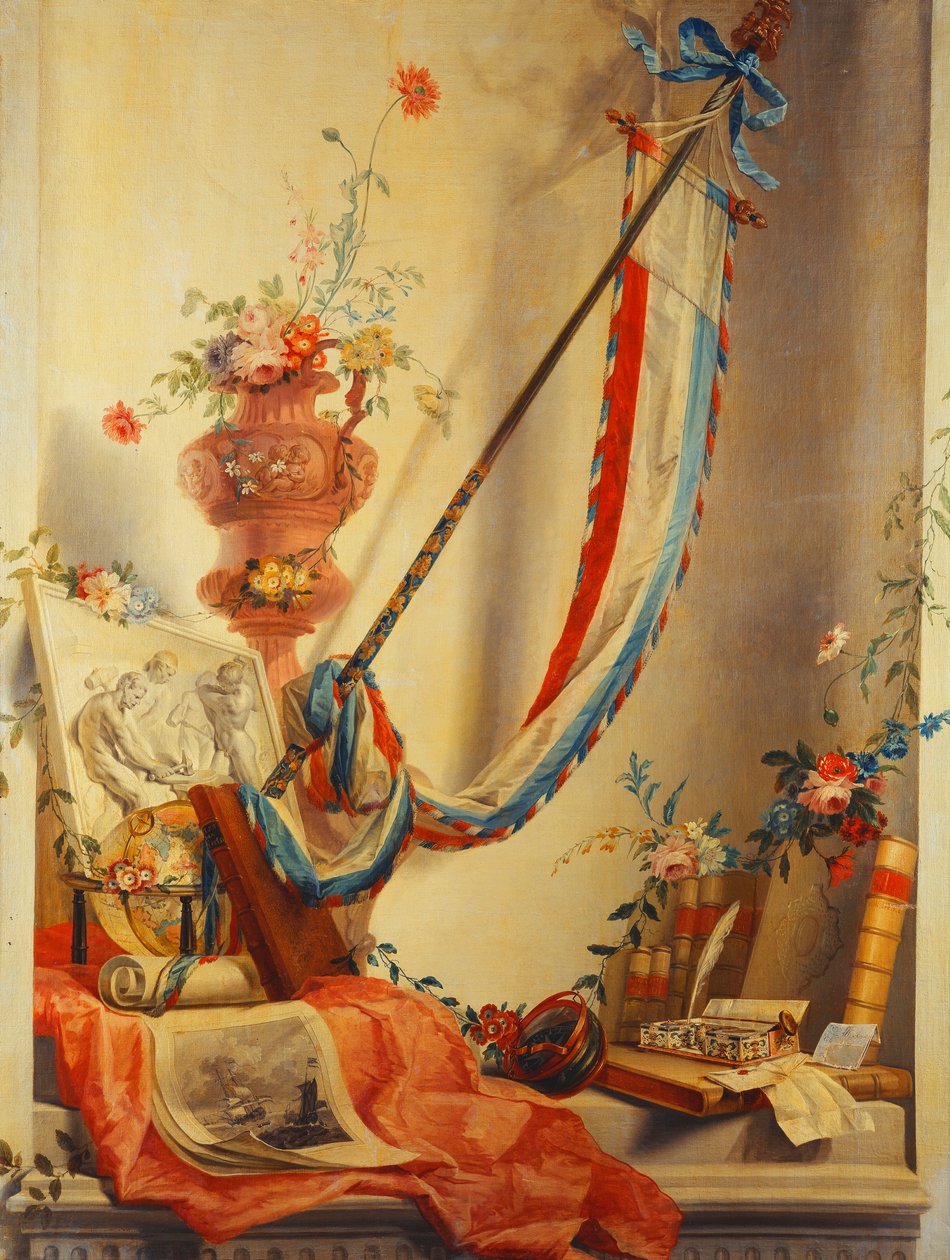 Bir Sancak, Bir Vazoda Çiçekler, Bir Rölyef, Bir Küre, Bir Baskı, Bir Pusula, Bir Yazı Seti, Harfler ve Bir Niş İçinde Blaeu
