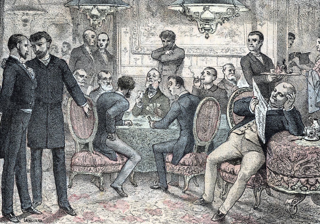 Toplum ve sosyal yaşam: Rengade'nin "" Les besoins de la vie" adlı eserinden erkek oyun ve kumar kulübü gravürü by Gerlier Gerlier