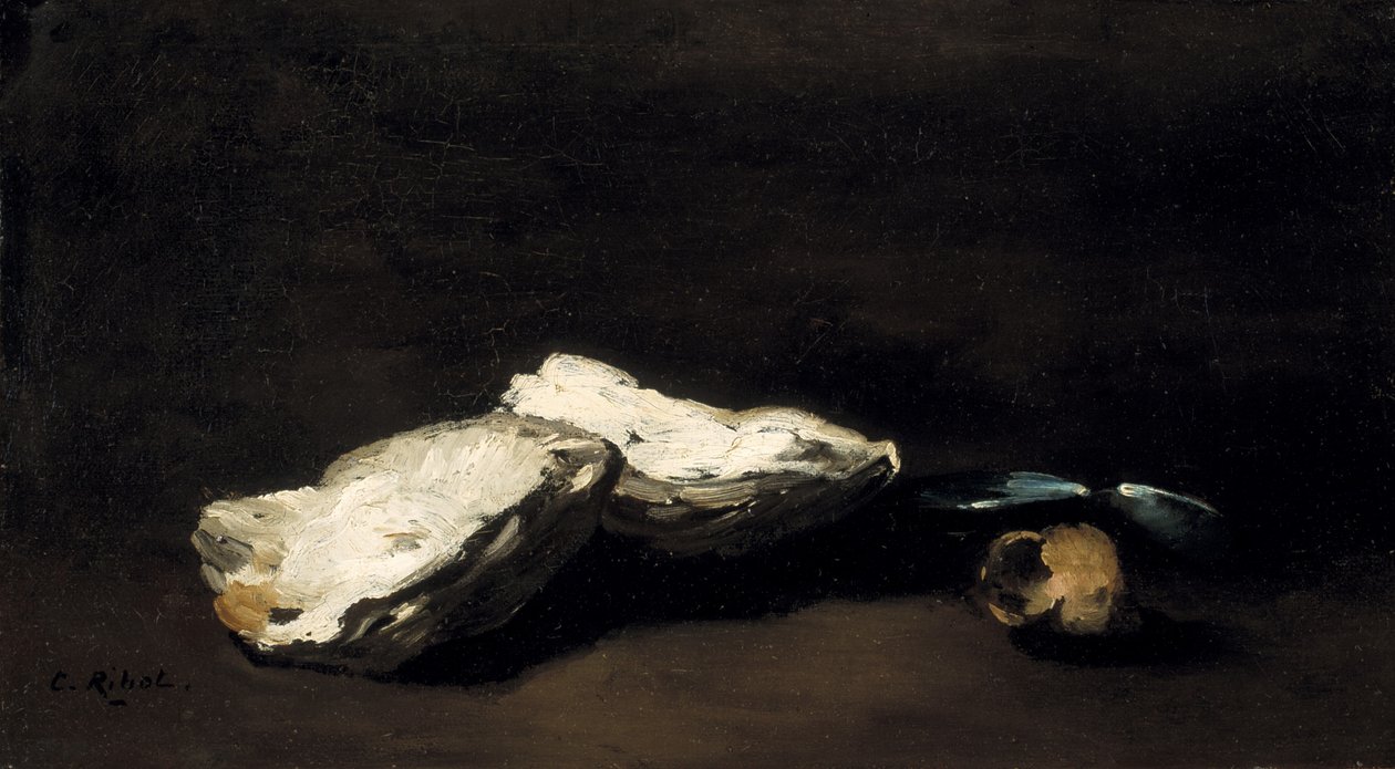 Masanın üzerinde istiridye, iki midye ve bir salyangoz by Germain Ribot