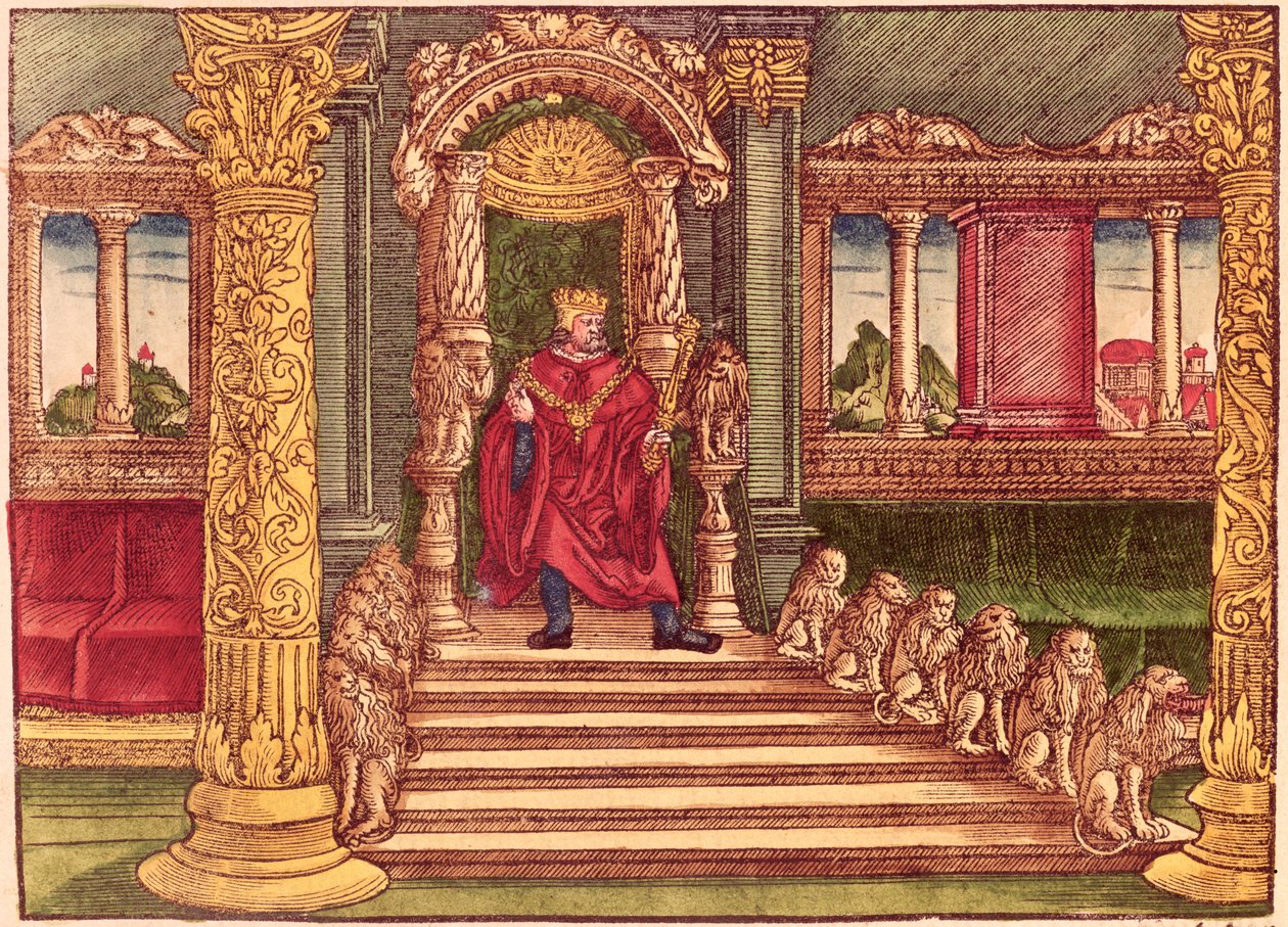 King Solomon on his throne, 1st Edition, from the Luther Bible, c.1530 (coloured woodcut) by German School