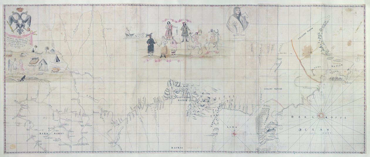 Sibirya Haritası, 1729 (el renkli gravür) by German School