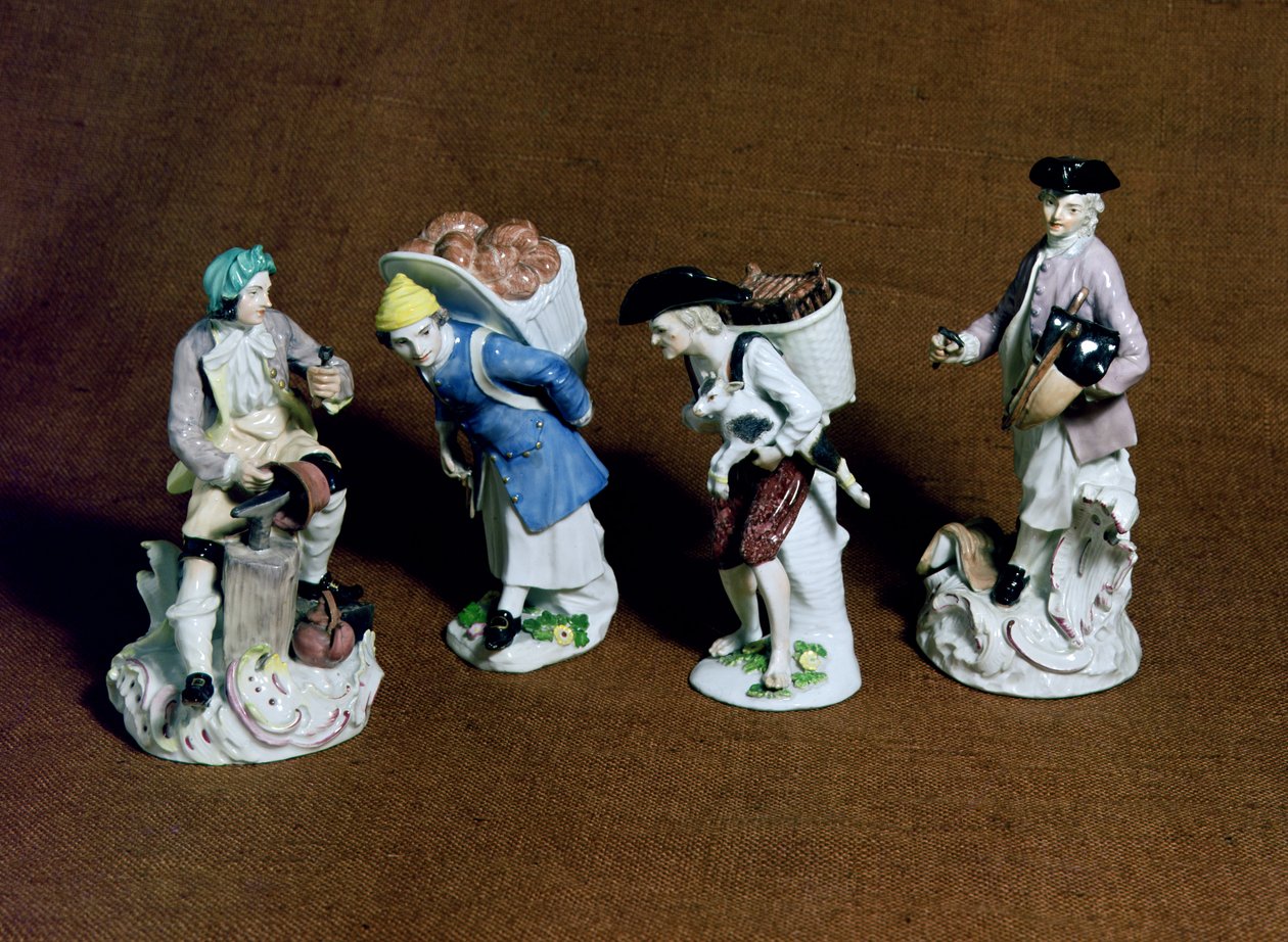 Meissen figürleri: Johann Joachim Kandler (1706-75) tarafından modellenen saraç, keçi satıcısı ve bakırcı ve Peter Reinicke (1715-68) tarafından bir fırıncı çocuk, c.1750 (porselen) by German School