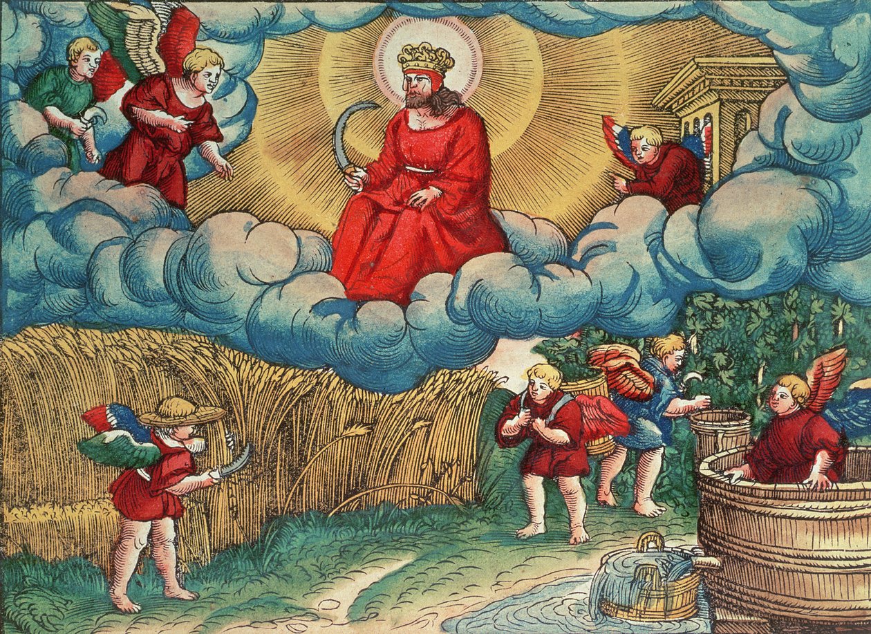 Vahiy 14:14 The Reaper, The Vision of Armageddon, Luther İncilinden, c.1530 (renkli gravür) by German School
