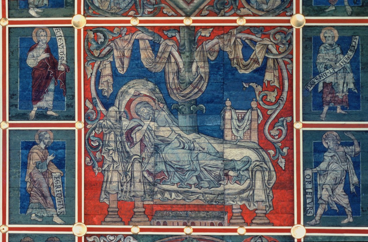 Uyuyan Jesse, Jesse Ağacı boyalı tavanından detay, c.1240-50 (panelde tempera) (ayrıca bkz. 112353 ve 114784) by German School