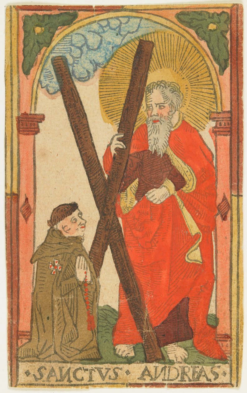 St. Andrew with a Monk (Elsass), c.1500 (el boyaması gravür) by German School
