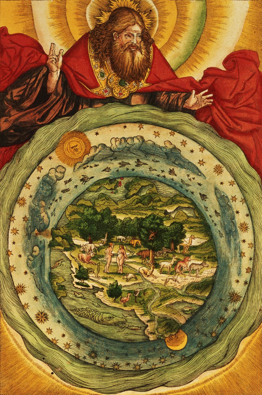 Yaratılış, Luther İncilinden, c.1530 (renkli gravür) by German School