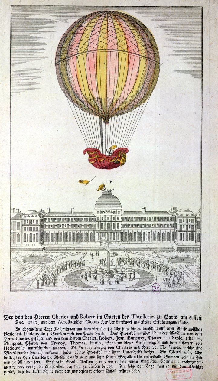 The Flight of Jacques Charles (1746-1823) and Nicholas Robert (1761-1828) from the Jardin des Tuileries, 1st December, 1783  by German School