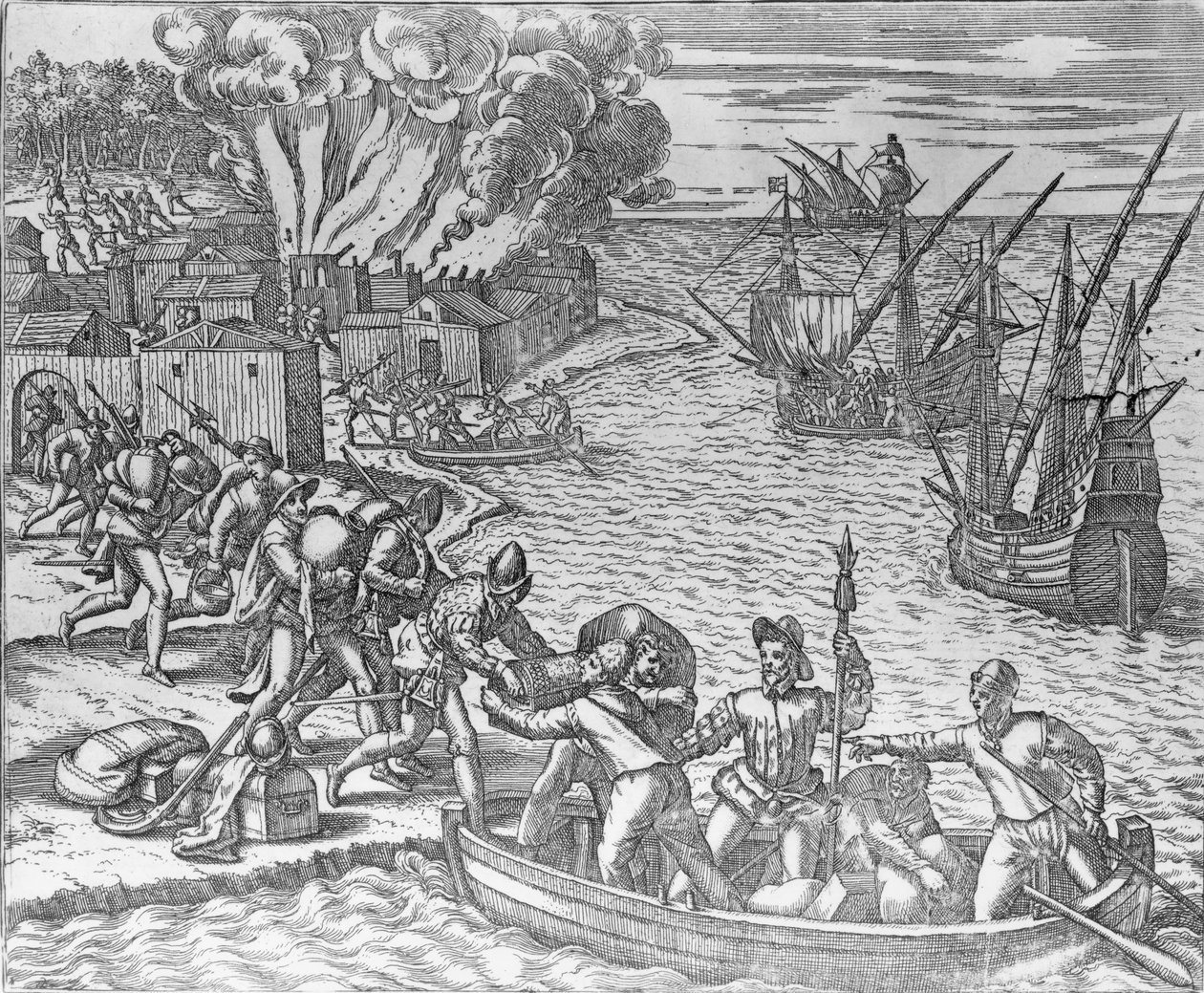Fransız Filosunun Yağmalanması ve Chioreram Kasabasını Ateşe Verme, Theodore de Bry (1528-98) tarafından kazınmış by German School