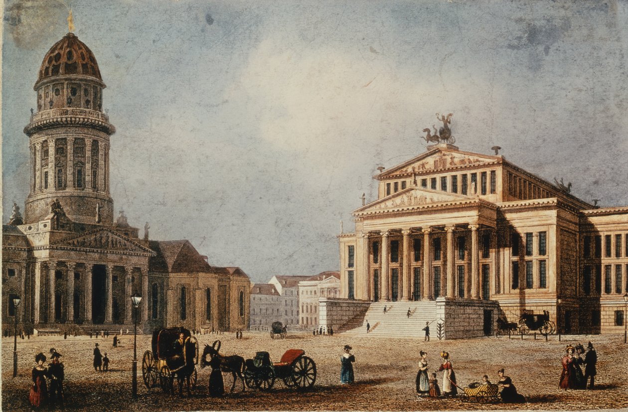 Kraliyet Tiyatrosu ve Yeni Kilise, 1833 (el renkli gravür) by German School