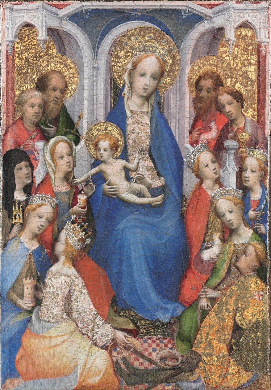 Aziz Paul, Peter, Assisi Clare, Mary Magdalene, Barbara, İskenderiye Catherine, Vaftizci Yahya, Evangelist Yahya, Agnes, Cecilia, Antakya Margaret ve George ile Enthroned Bakire ve Çocuk by Master of Saint Veronica
