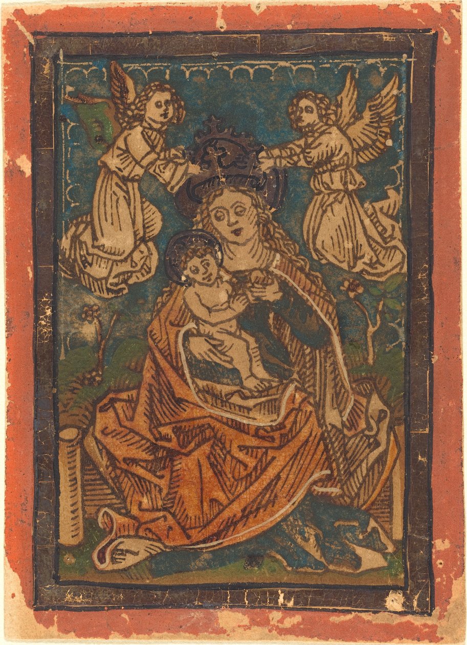 Madonna ve Çocuk, Meleklerle Otlu Bir Bankada Oturuyor by German 15th Century