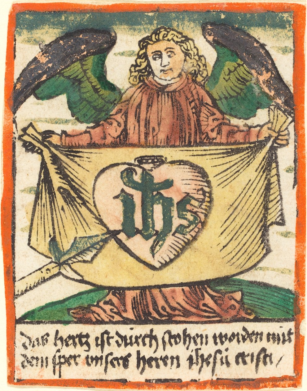 Bir Meleğin Tuttuğu Bez Üzerinde Kutsal Kalpteki Kutsal Monogram by German 15th Century