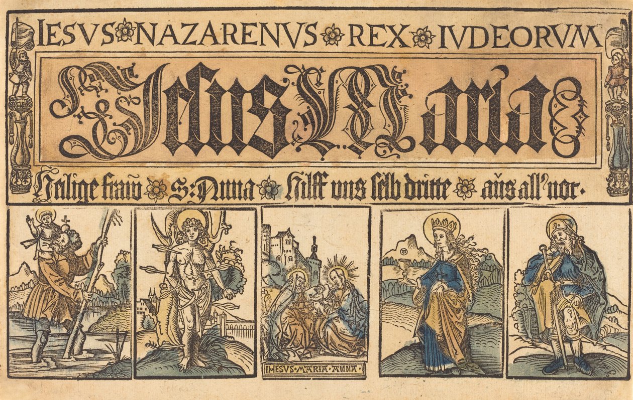 Aziz Anne, Madonna ve Çocuk ve Azizler Christopher, Sebastian, Clara ve Roche by German 15th Century