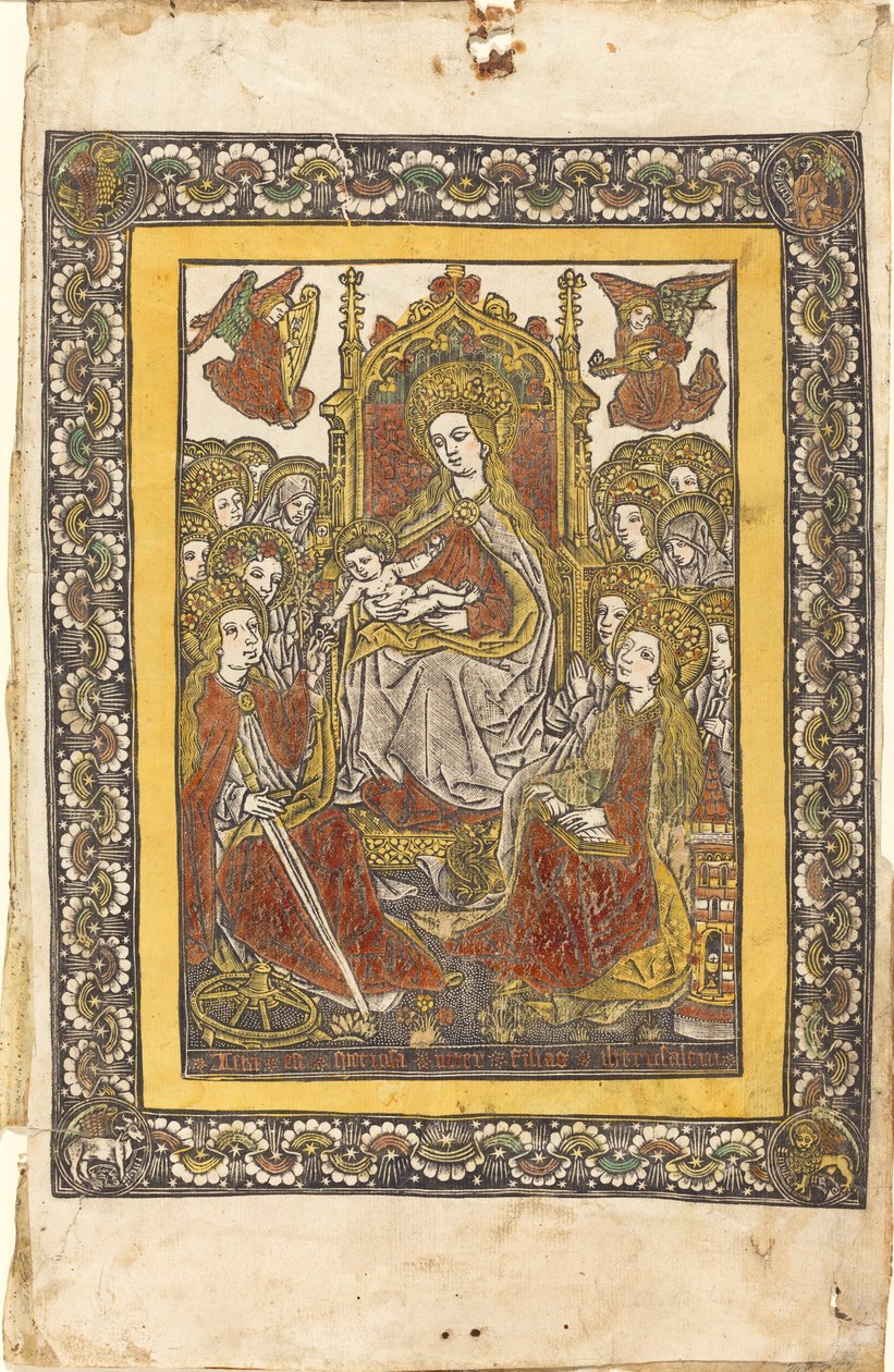 Madonna, Onsekiz Kutsal Kadınla Taht Edildi by German 15th Century or Master with the Mountain Like Clouds