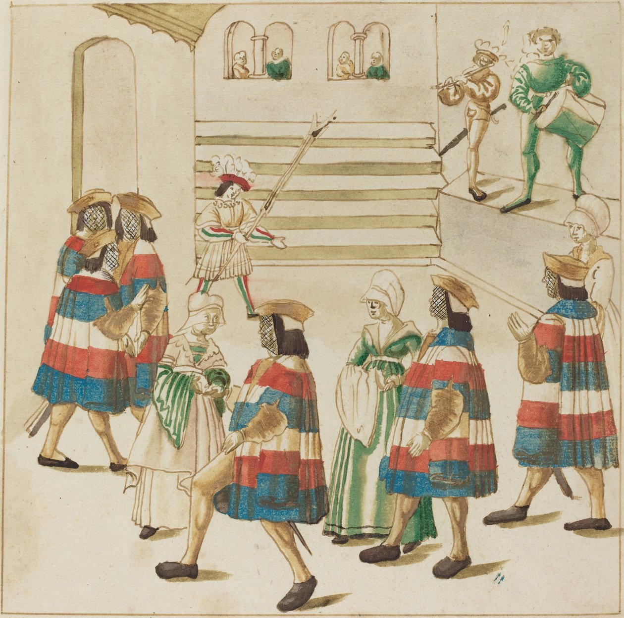 Kırmızı, Beyaz ve Mavili Adamlar Partnerleriyle Dans Ederler by German 16th Century