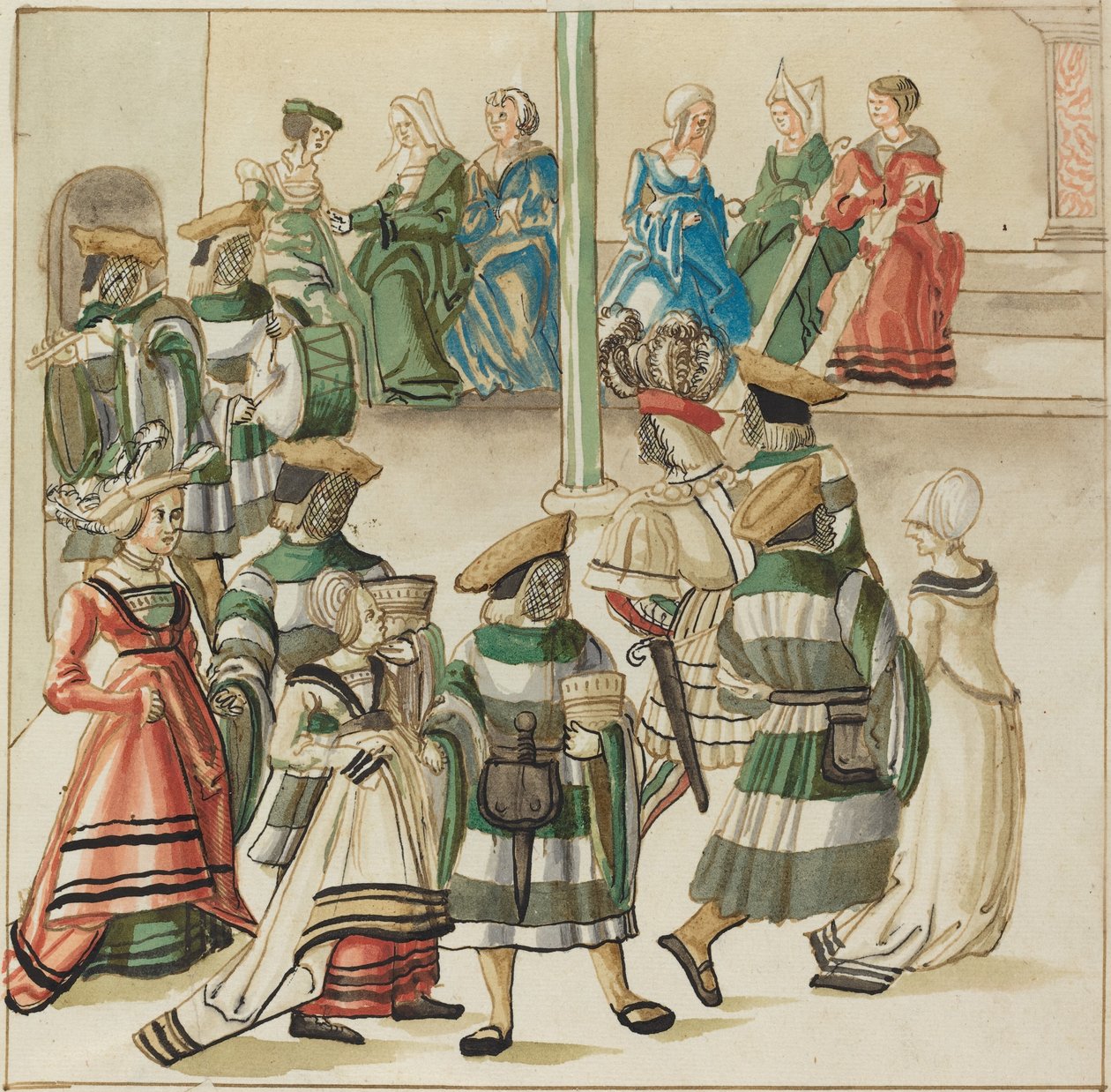 Sütunlu Odada İki Şövalye Tarafından Yönetilen Üç Dans Eden Çift by German 16th Century