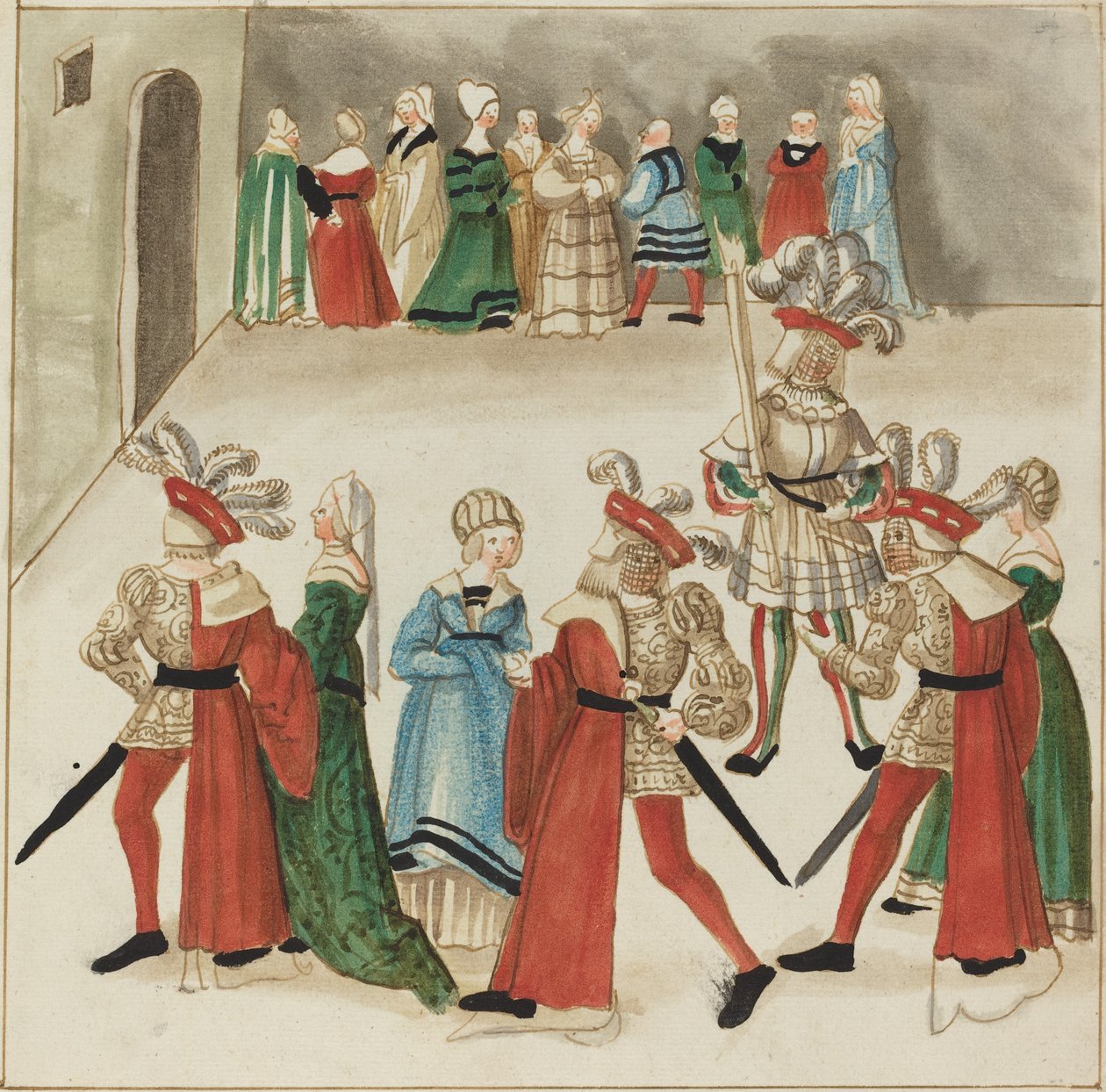Kırmızı Pelerinli Üç Adam Ortaklarıyla Dans Ederler by German 16th Century
