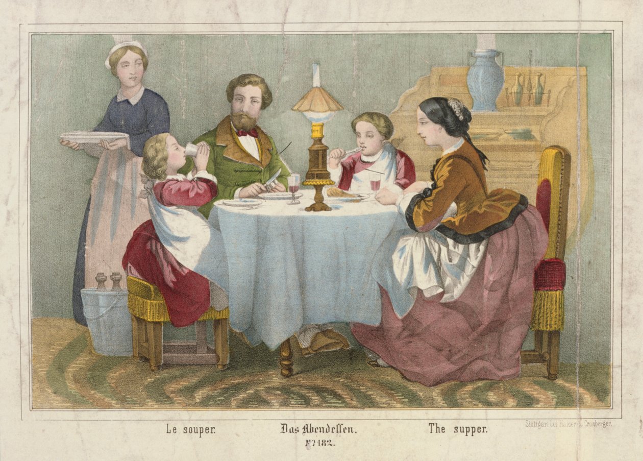 Akşam yemeğinde bir aile, Haider & Cronberger, Stuttgart, 1860 tarafından yayınlanan resimli geniş sayfa by German School