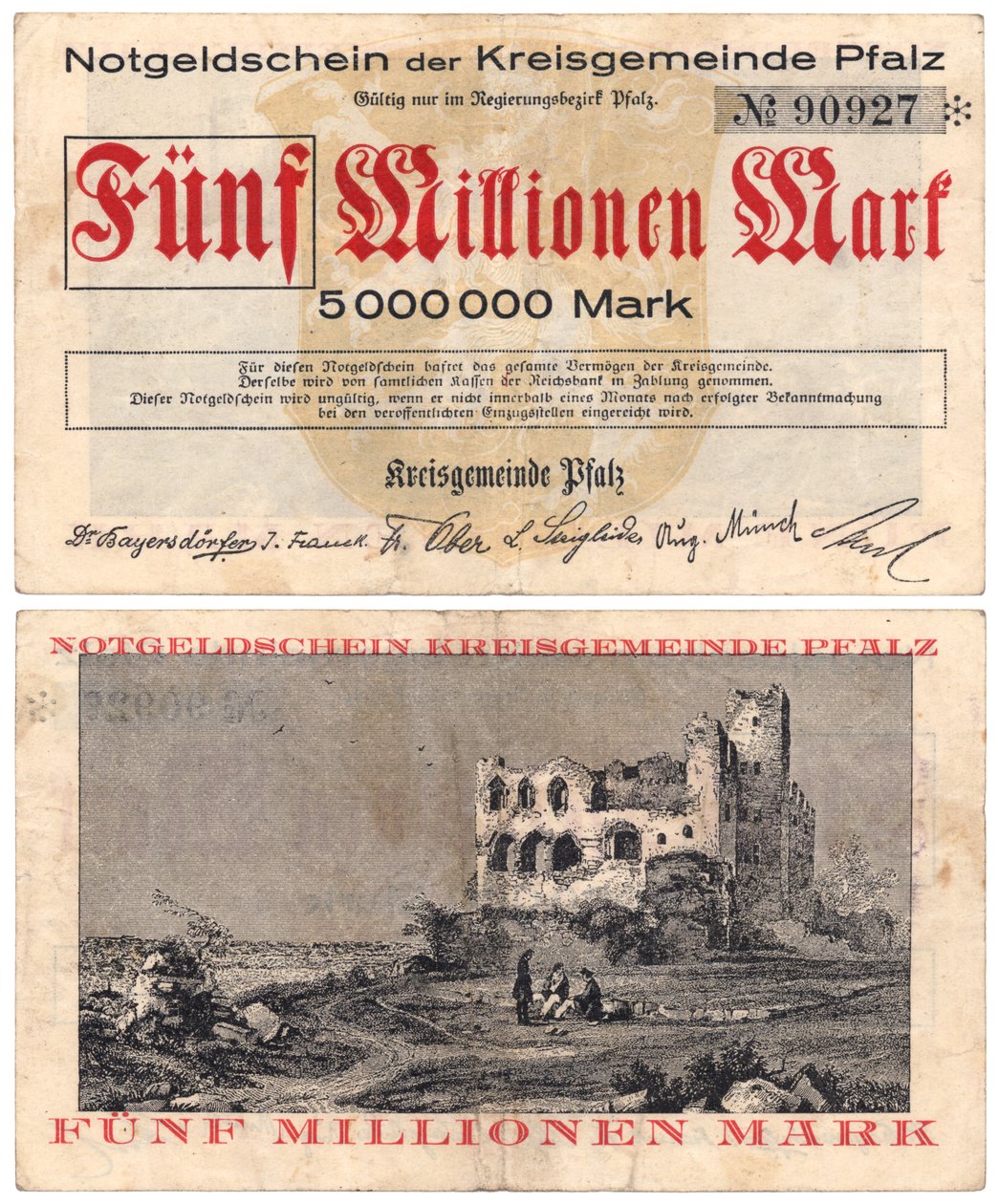 Beş milyon marklık banknot, c.1923 (recto ve verso) by German School