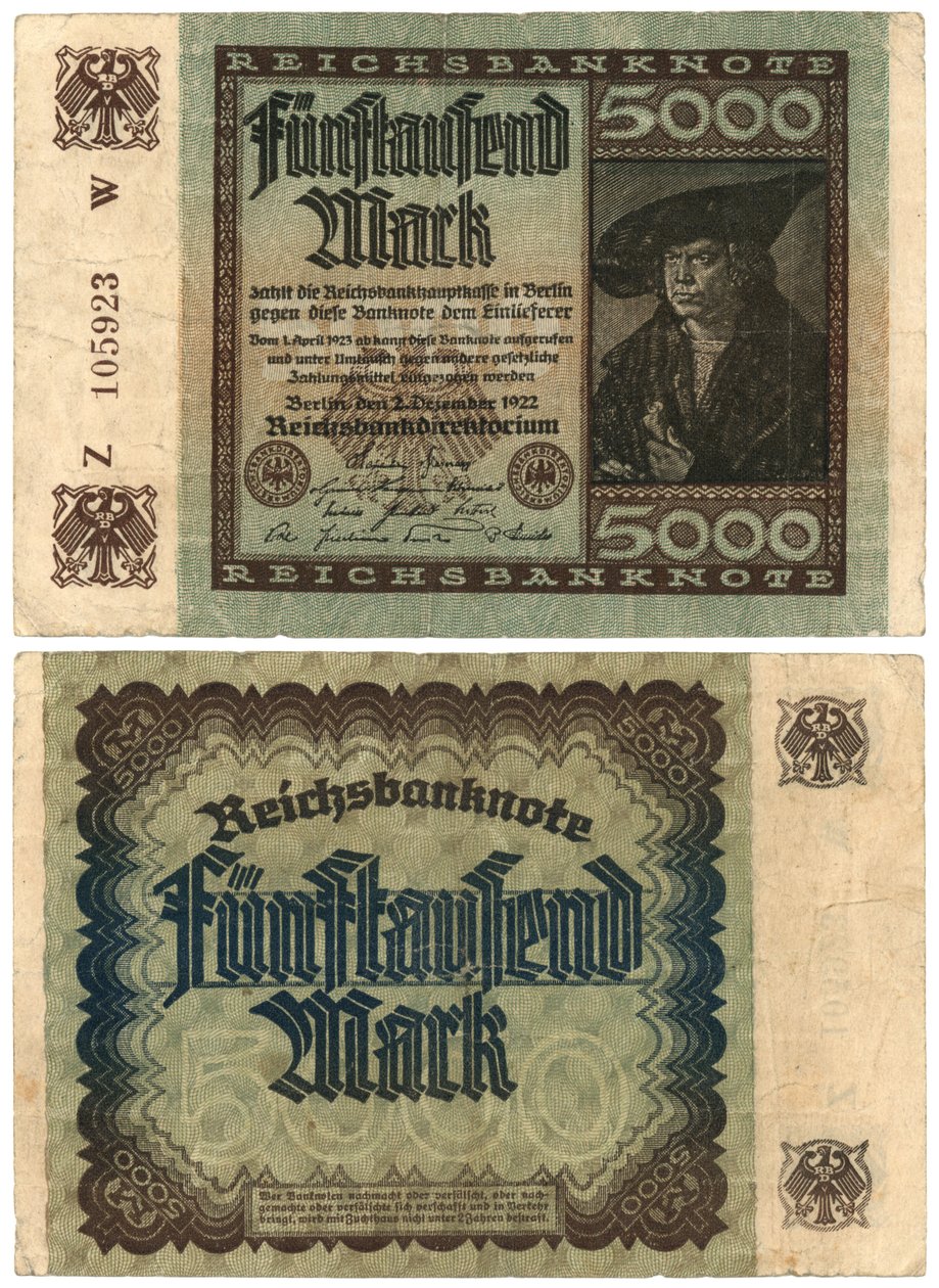 Beş bin marklık banknot, 1922 (recto ve verso) by German School