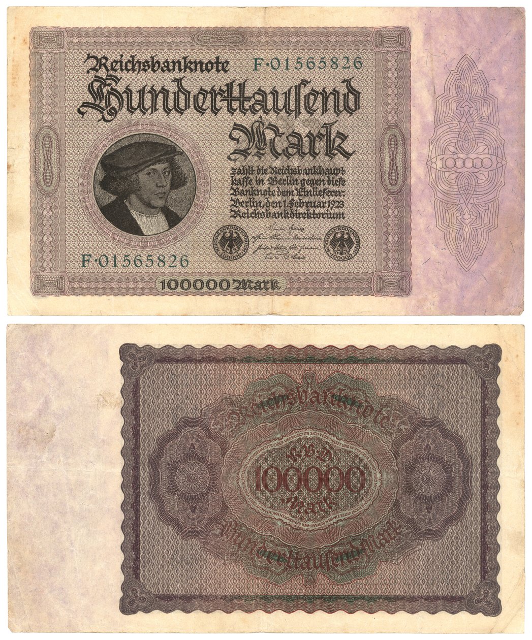Yüz bin marklık banknot, 1923 (recto ve verso) by German School