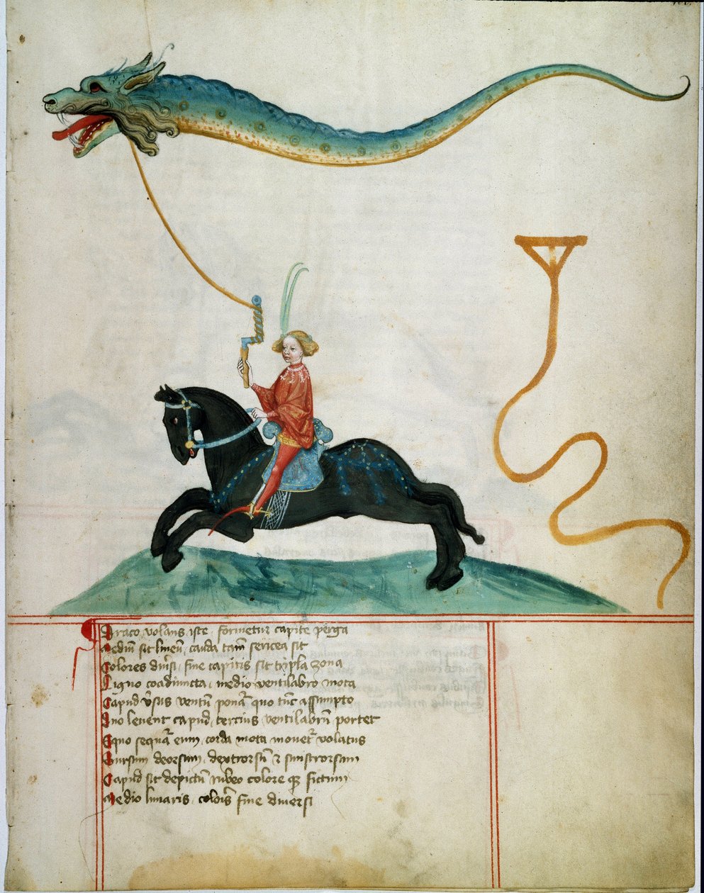 Ejderha uçan geyik tutan bir şövalye 15. yüzyıl Alman okulunun el yazması sayfası. 1405 Göttingen, Üniversite kütüphanesi by German School