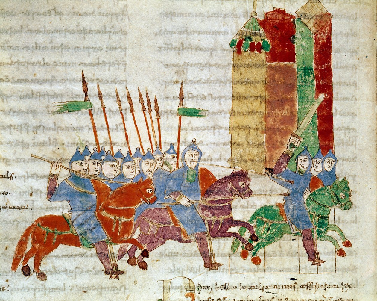 Rabanus Maurus Magnentius (veya Raban Maur veya Rabano Mauro) (yaklaşık 780-856) tarafından yazılan "De Universo" (veya De rerum naturis (De la Nature des selects)) (kod. 132) adlı el yazmasından bir minyatür atlı. 9. yüzyıl. Monte Cassino Manastırı Arşivi by German School