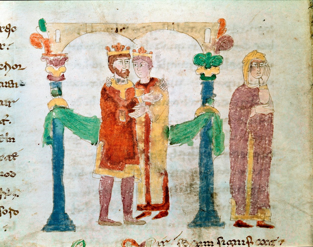 Rabanus Maurus Magnentius (veya Raban Maur veya Rabano Mauro, yaklaşık 780-856) tarafından yazılan “De Universo” veya “” De rerum naturis” (Nesnelerin Doğası Üzerine) el yazmasından minyatür bir evlilik. Monte Cassino Manastırı Arşivi (Cassin Dağı) by German School