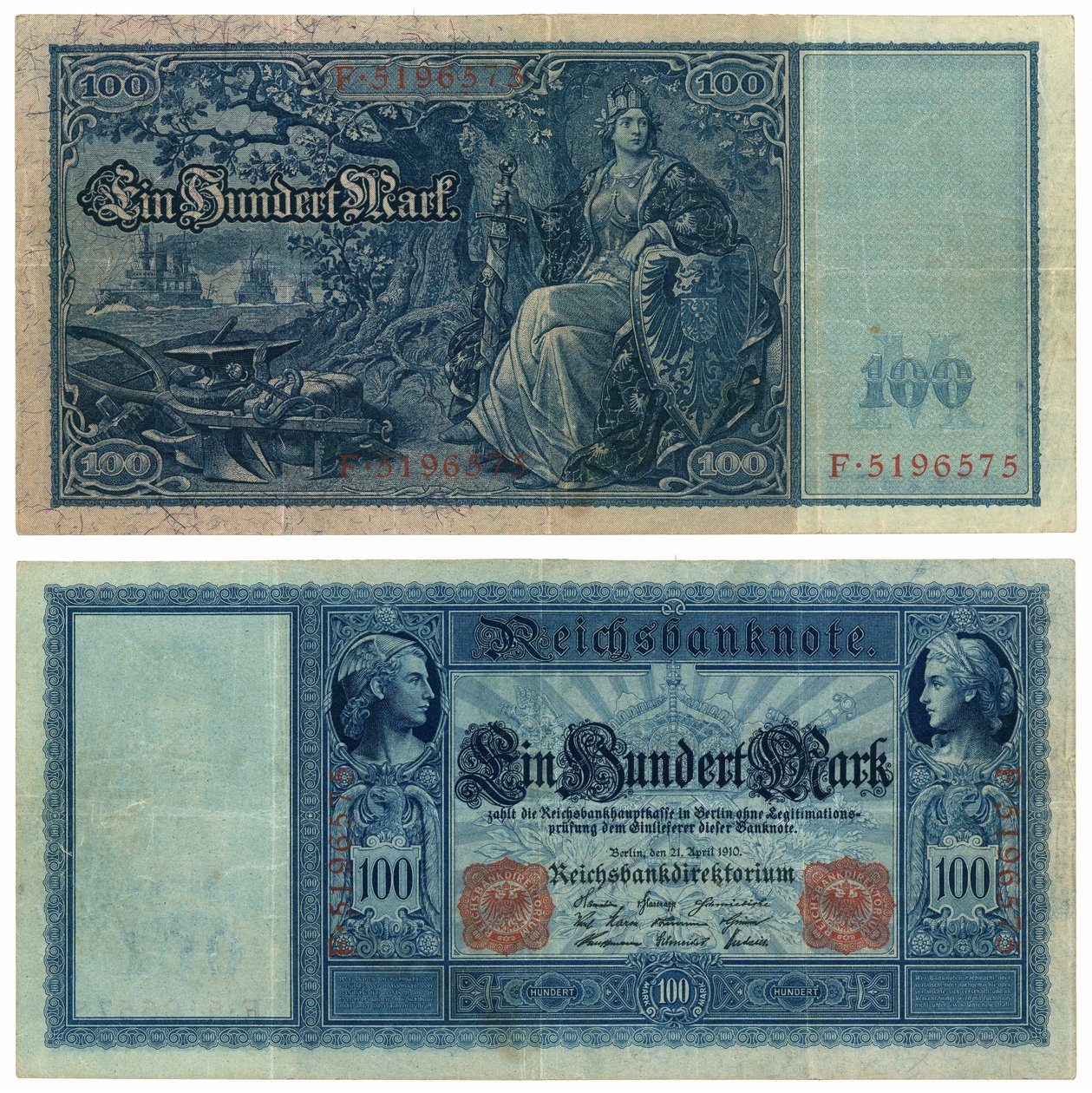 Yüz marklık banknot, 1910 (recto ve verso) by German School